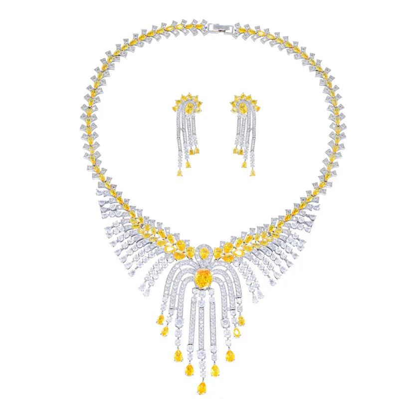 Luxury 5A Pear-Cut Yellow Zirconia Bohemian Necklace & Earrings Bridal Set — Rhodium Plated