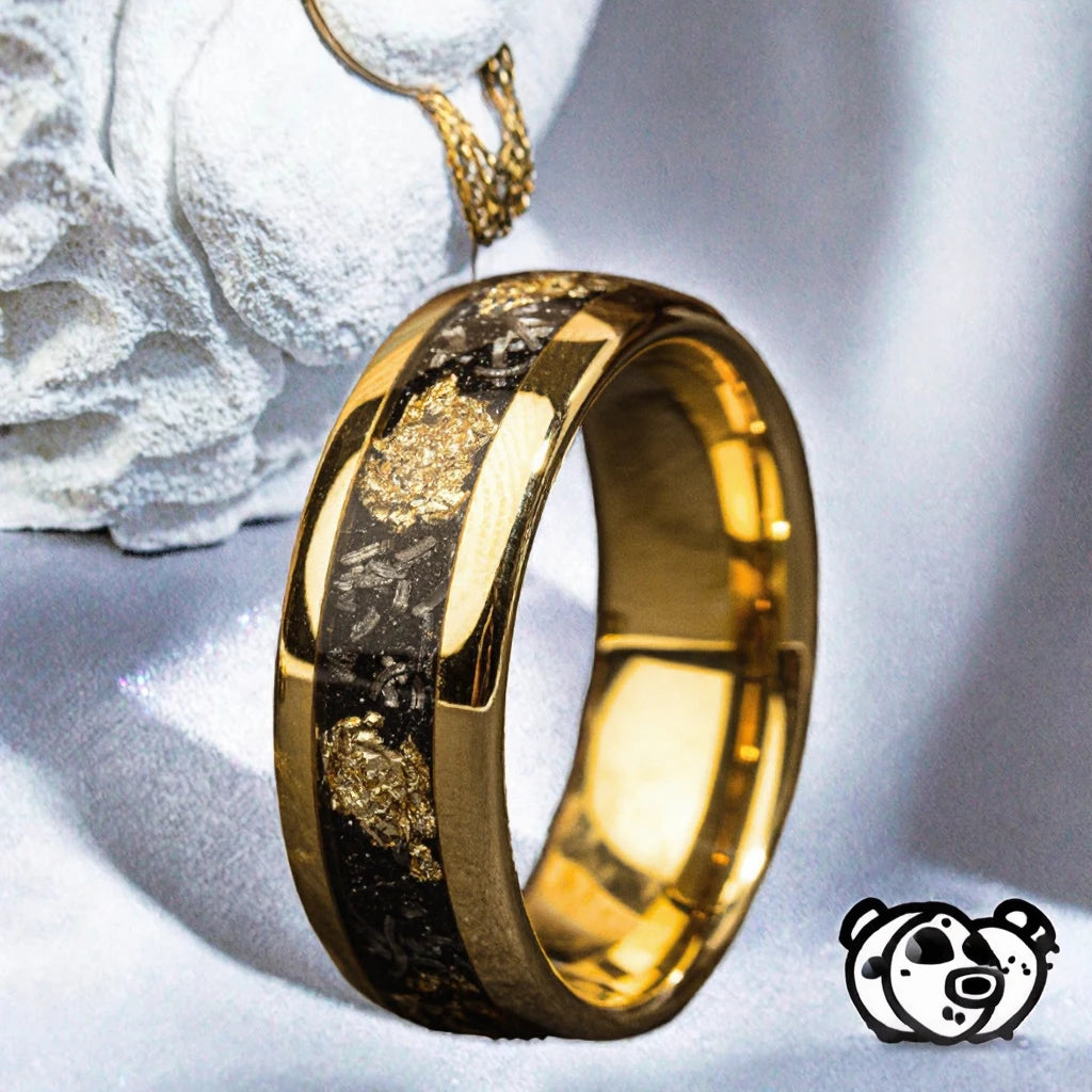 Tungsten carbide Classic Ring Personalized Yellow Gold Natural Stone Broken Gold Foil Meteorite Unisex Engagement Wedding Band