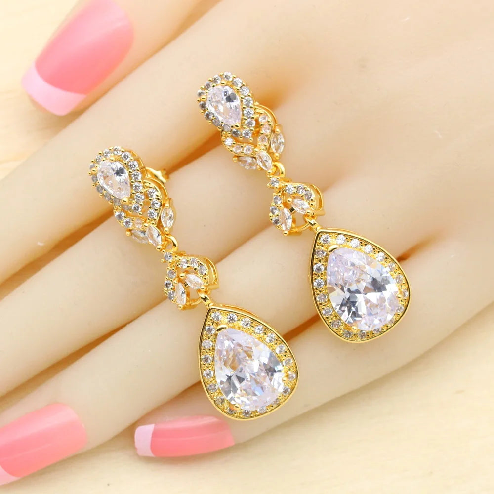 XOTICA 2023 Women's Gold Jewelry Set with White Zircon Wedding Party Engagement Bracelet Earrings Necklace Pendant Ring Gift