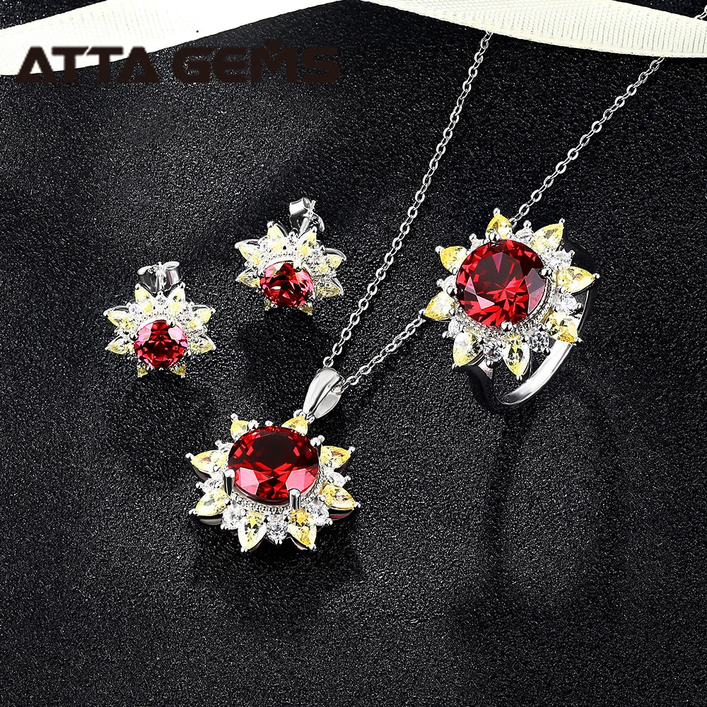 925 Sterling Silver Engagement Round ShapedRed Ruby Gemstones Jewelry Sets Pendant Earring Wedding Two Piece Women Jewelry Sets