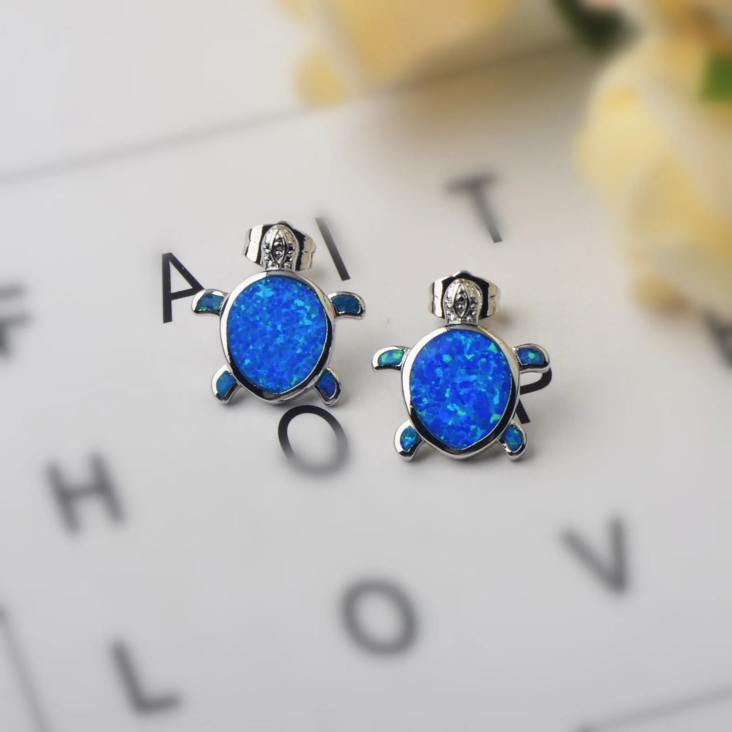 Aobao Style Water Drop-shaped Alloy Sea Turtle Earrings Opal Studs Cute Girls' Gem Jewelry