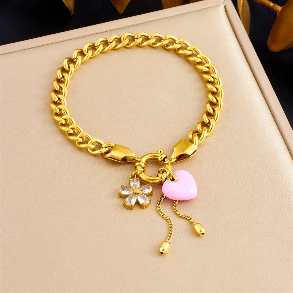 Hot Sell Fashion Stainless Steel Pink Heart Pendant Necklace and Bracelet Set Women Gold Jewelry Set