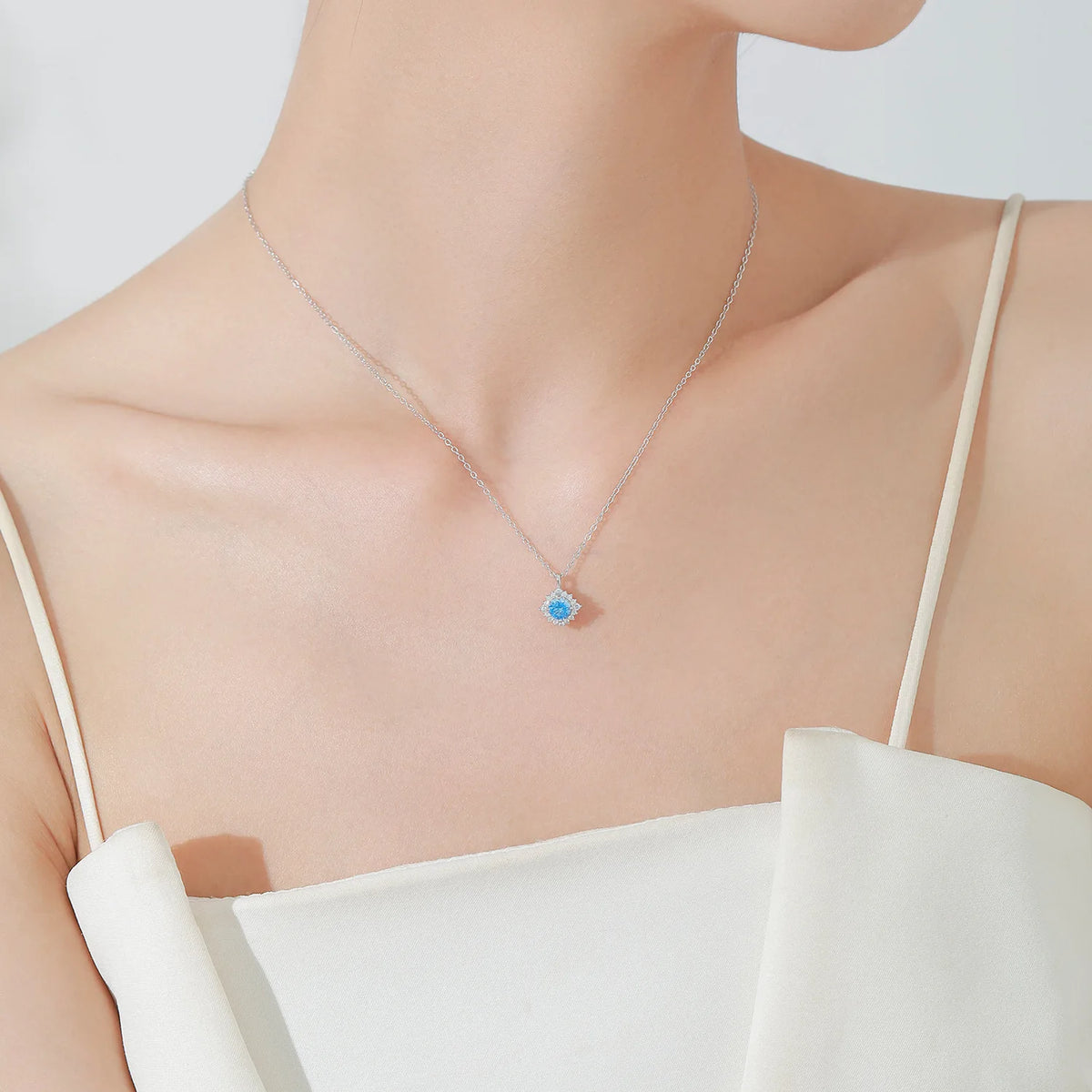 S&S 925 Silver Aquamarine Blue Zircon Necklace & Earrings Set | Sunflower Design | Rhodium-Plated
