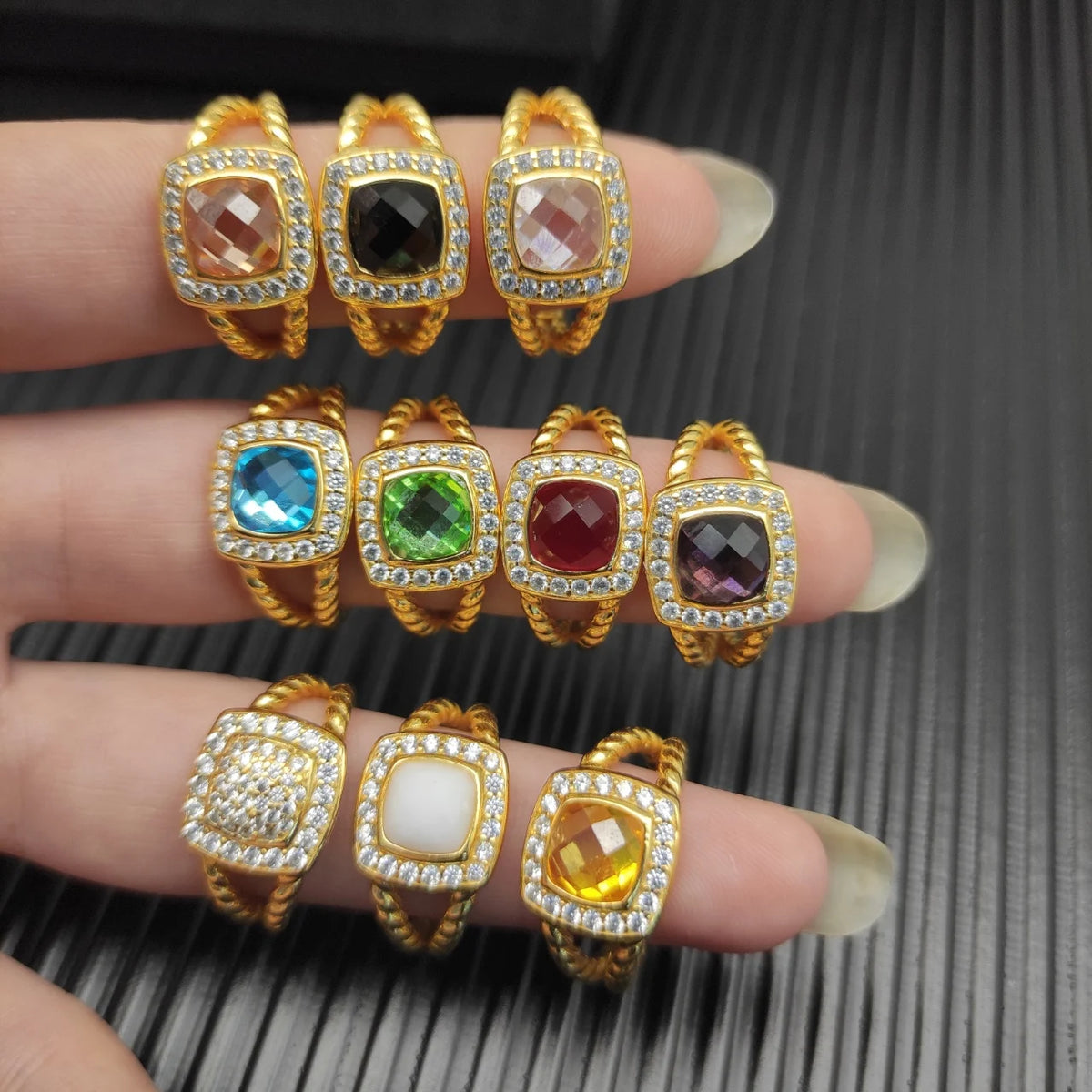 FASHIONISTA DY High-Quality Silver-Plated 14mm Square Diamond-Set Ring, Gold-Plated Colored Gemstone-Set Ring, Jewelry