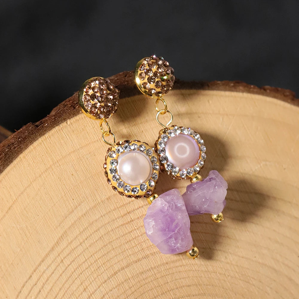 Natural Baroque Pearl Amethyst Pendant Earrings for Women Korean Classic Vintage Fashion Jewelry Stud Earrings GE1604
