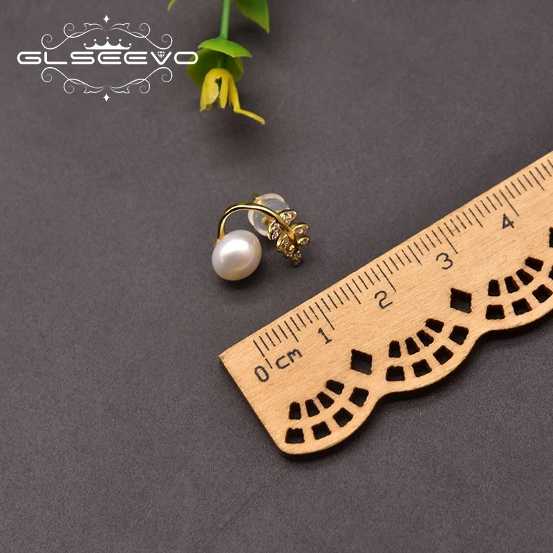 Natural Freshwater  Pearl Stud Earrings for Women  Gift 925 Sterling Silver Leaf Zircon Style  Earrings  Fashion Jewelry