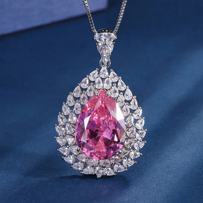 Gemfiori European and American New Light Luxury pink Zircon Pendant Ring High-end Micro Inlaid Water Droplet Shaped Dazzling Jewelry Set