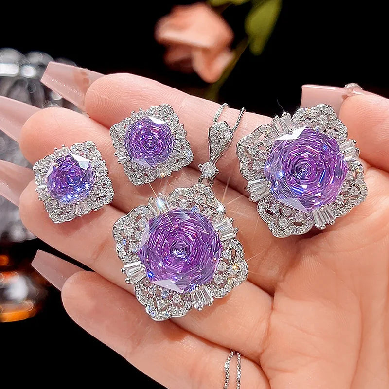 Gemfiori Fashionable Temperament Light Luxury Exquisite Violet Zircon Micro Inlaid Pendant Set Valentine's Day Gift