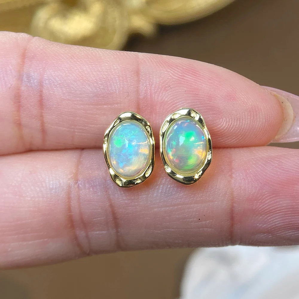 Gioiellieri Luxury Natural White Opal Diamond Stud Earrings 925 Sterling Silver Gold Plated Hypoallergenic Certified Wedding Party