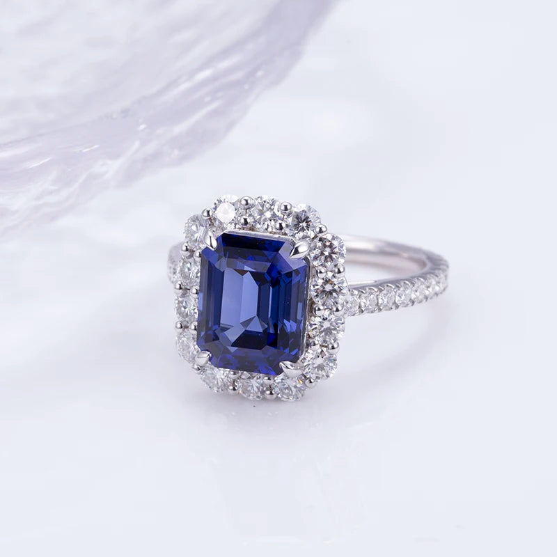 Messi Jewelry MSR-1394 925 Silver 9k Gold Emerald Cut Lab Grown Sapphire Ring for Wedding