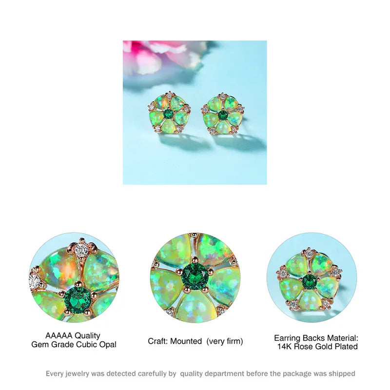 Floral Opal & Emerald Stud Earrings - Iridescent Opal Petals & Green Gem Center | Elegant Daily Jewelry Bulk Gifts