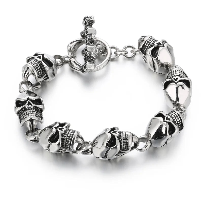 REBEL Men Punk Stainless Steel OT Clasp Skull Links Bracelet&Necklace/Waist Chain Jewelry Set