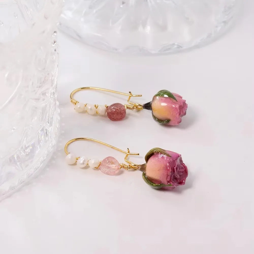 Natural Freshwater Pearl Drop Gel Flower Earrings Korean Style Women Luxury Jewelry Fashion Ladies and Girls Gift GE1521