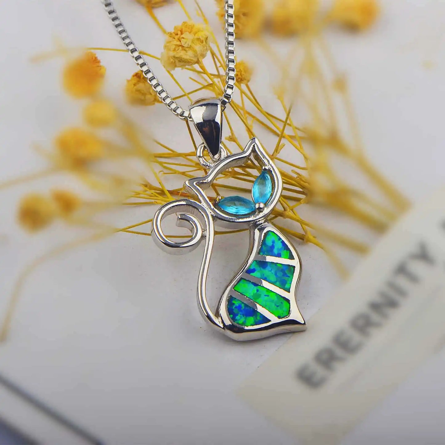 Aobao Opal Kitten Collar Chain Blue Opal Inlaid Cat Pendant TikTok Ins Style Jewelry Wholesale