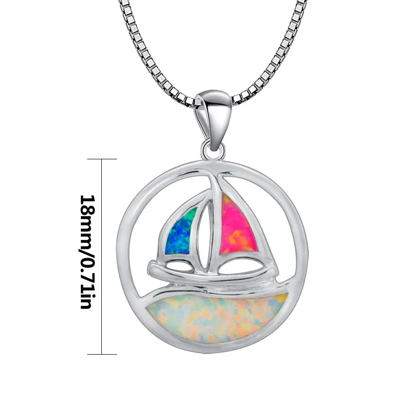 Aobao New Style Blue Opal Sailboat Necklace, Small Boat Pendant Sweater Chain, Opal Necklace