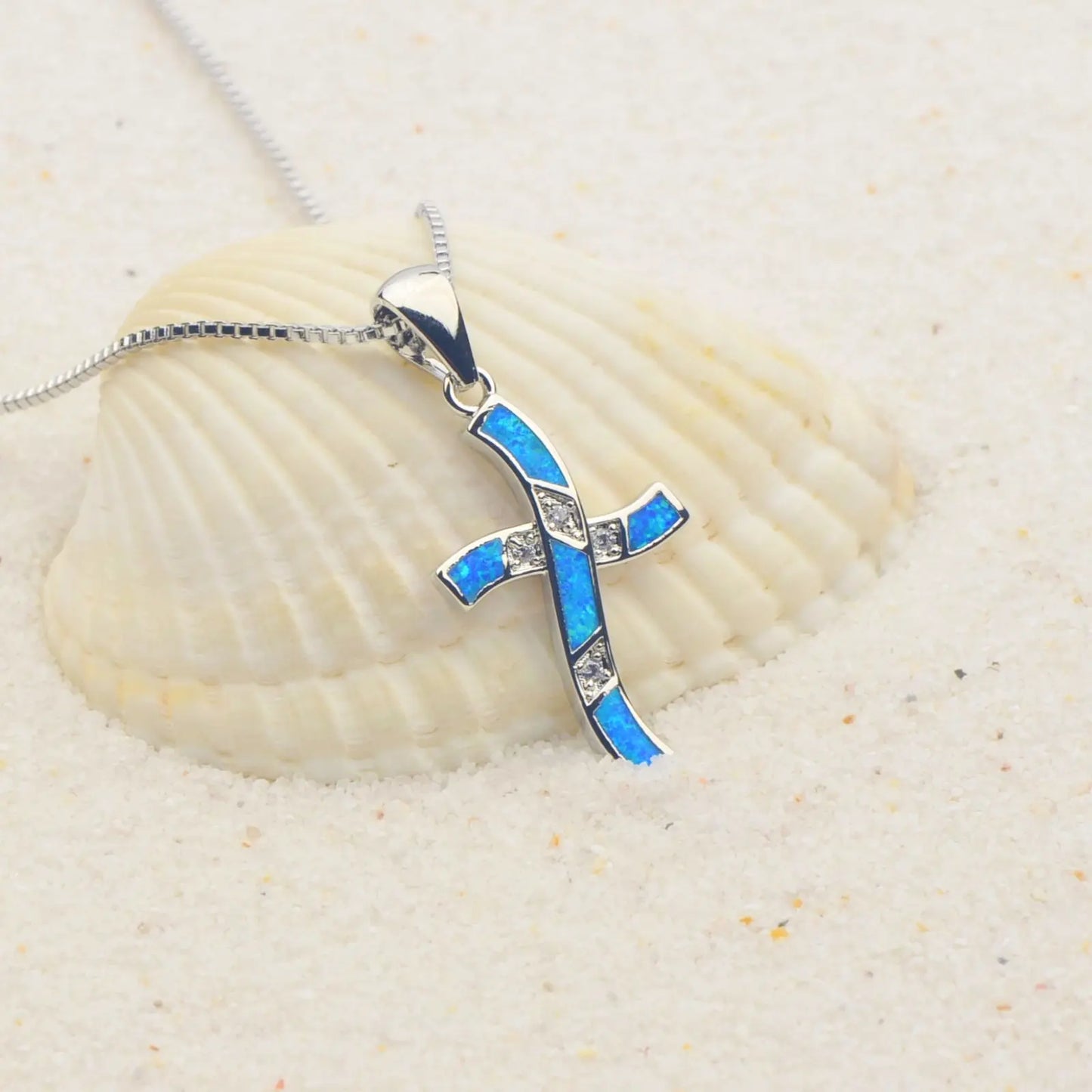 Ocean Theme Cross Necklace Aobao Opal Inlaid Starfish Detail Fashion Jewelry