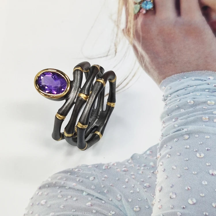Hot Selling Handmade African Style Amethyst 925 Silver Ring