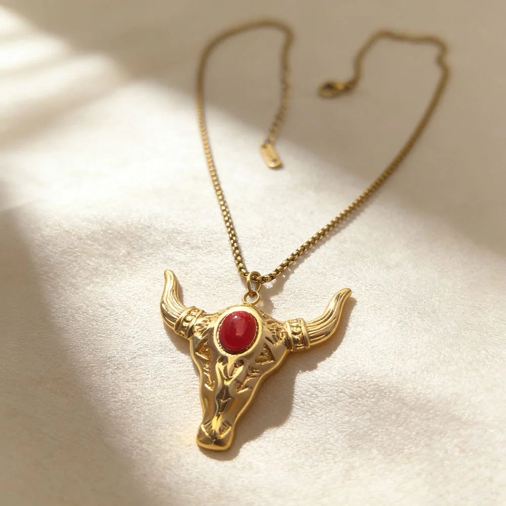 Vintage Retro Trendy Cow Head Stainless Steel Bamboo Chain Necklace Unisex Cowboy Turquoise Pendant Luxury Zodiac Party