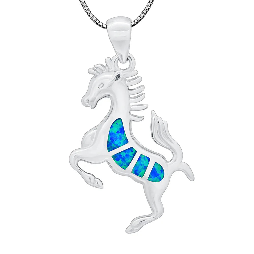 Delicate Western Horse Pendant-Copper Silver Plated White Opal Sweater Chain Link Chain Trendy for Women's Layering Look