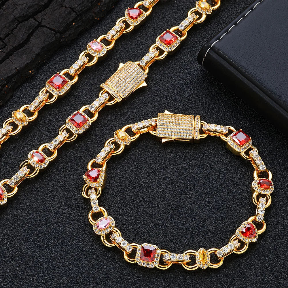 S&S NUOYA Hip Hop Jewelry 18K Gold Plated Gemstone Chain Bracelet Womens Heart Shape Red Zircon Geometric Design Link Chain for Gift