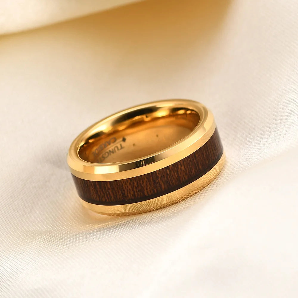 Vintage 8mm Classic Tungsten Carbide 18K Gold Plated Wood Inlay Geometric Wedding Band Ring for Men Nature Collection