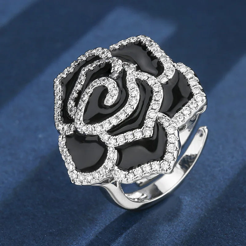 Gemfiori Black Rose Earrings with a High-end Feel Light Luxury Pendant French Retro Temperament Niche Design Ring Jewelry Set