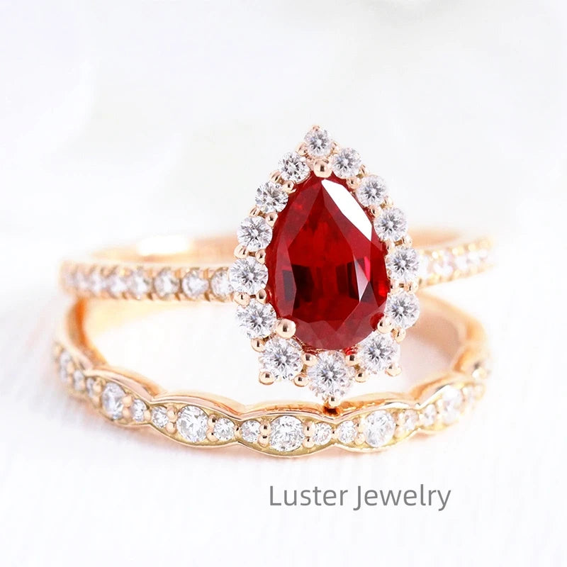 Gemfiori Luster Jewellery 10/14/18k Wedding Red Ruby Moissanite Ring Gold Sterling Silver 925 Rings for Women