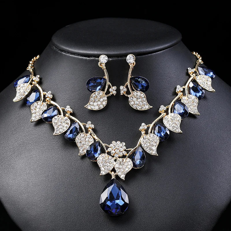 Leaf & Crystal Geometric Necklace & Earrings Jewellery Set | Retro Vintage Fashion Set