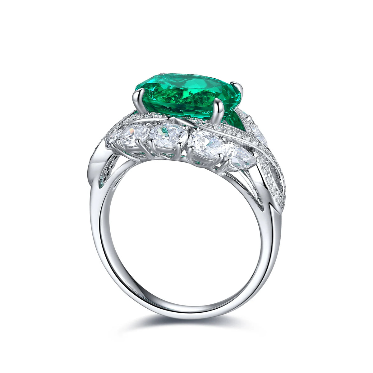 Gemfiori Hot Selling Lab Grown Emerald Gemstone Hydrothermal Columbian Emerald Woman Ring 925 Sterling Silver