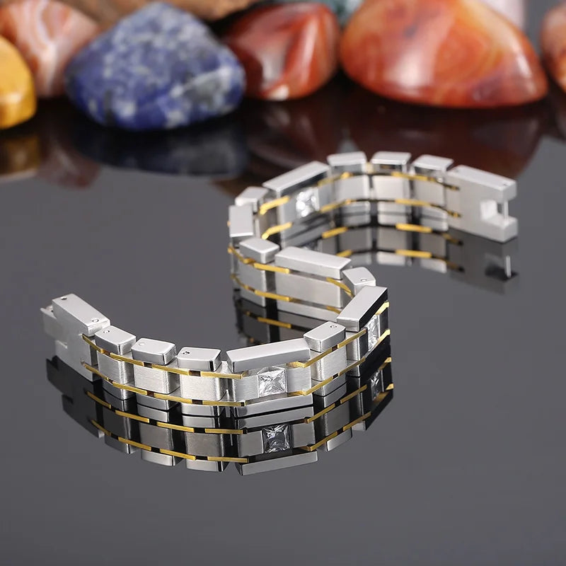 VIKING Mens Casual Watchband Link Bracelet with Zircon – Silver Stainless Steel