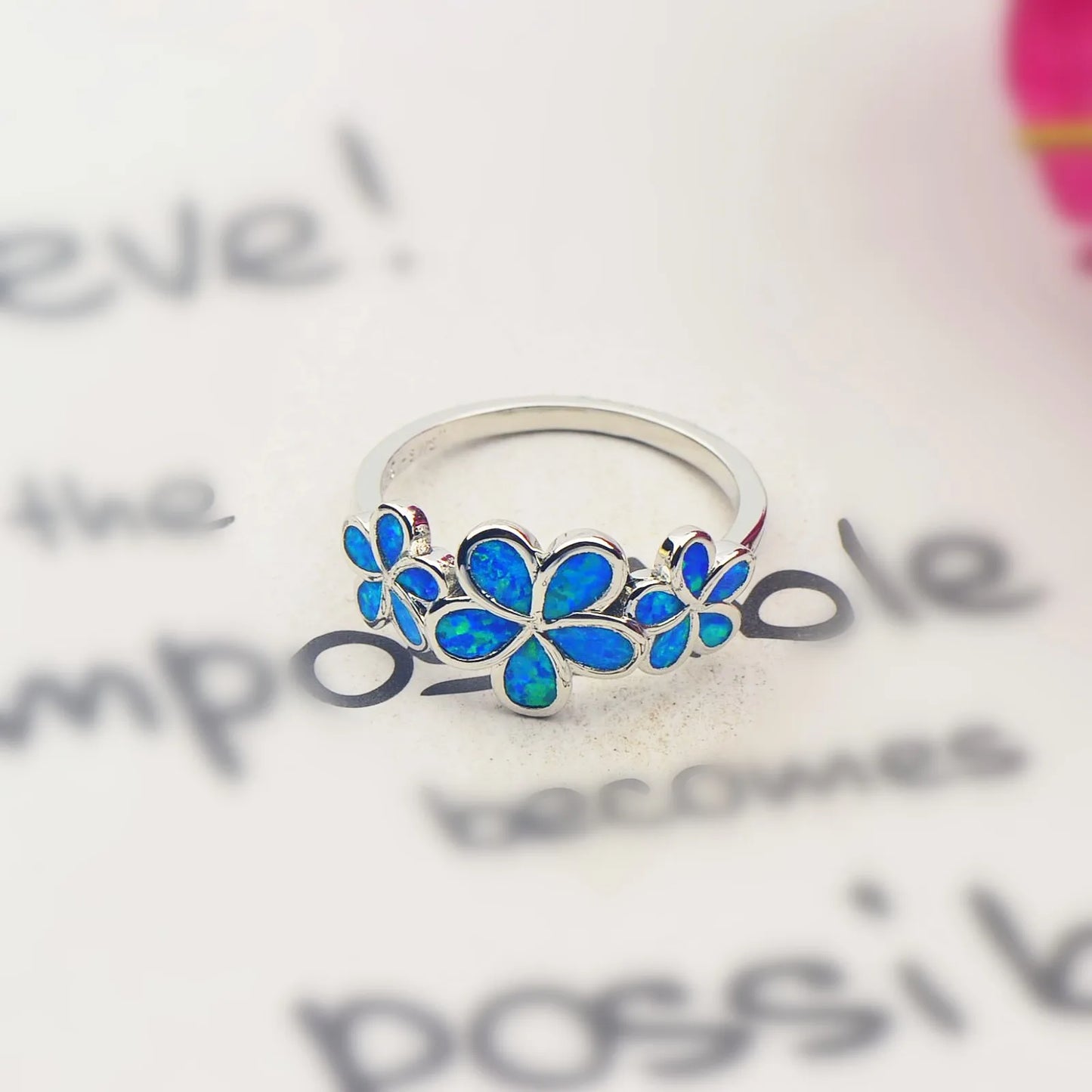 Flower Blue Opal Twisted Ring | Iridescent Gem Inlay Band | Nature-Inspired Fashion Jewelry for Women Trendy Wear
