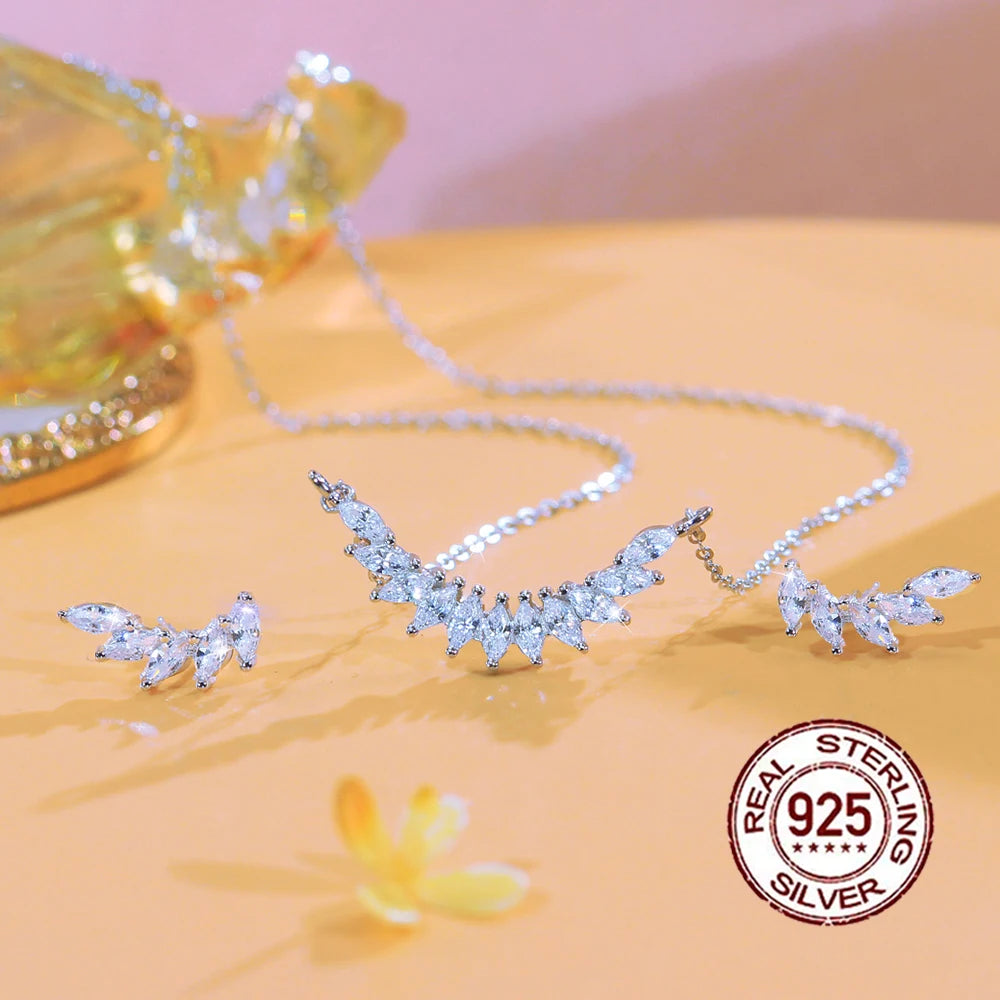 Italian Silver 925 Jewelry Sets Gorgeous Marquise Cut Cubic Zirconia Wing Earrings and Necklace Set for Ladies Women Engagement