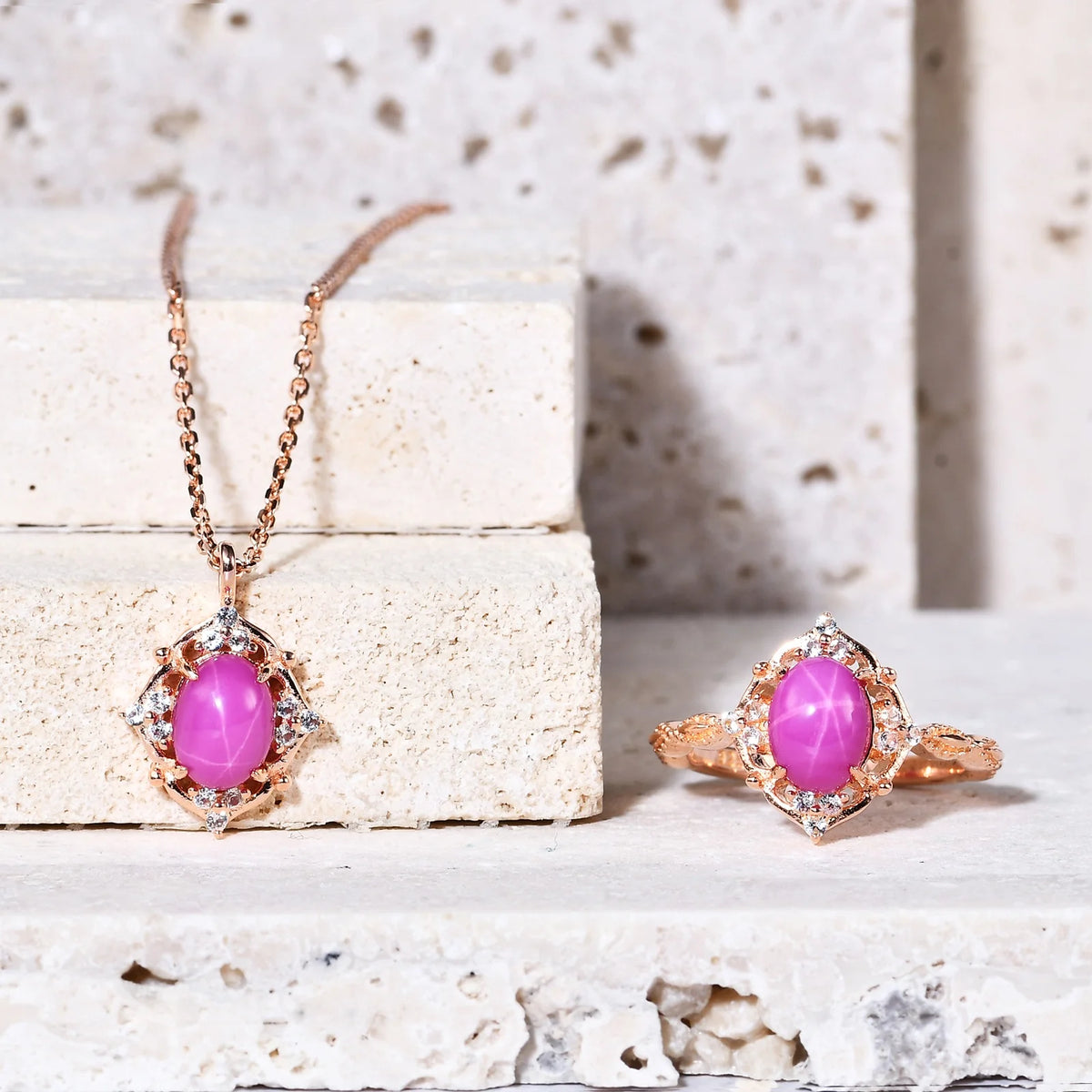ArtistA Abiding Elegant Rose Gold Plated 925 Sterling Silver Cluster Cz Set Artificial Lab Grown Star Ruby Branch Flower Ring & Necklace