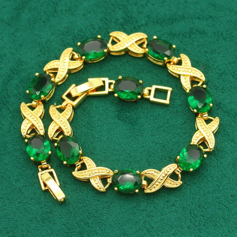 XOTICA Women's Gold Plated Wedding Jewelry Set Green Blue Emerald Including Hoop Earrings Bracelet Pendant Necklace Ring for Parties