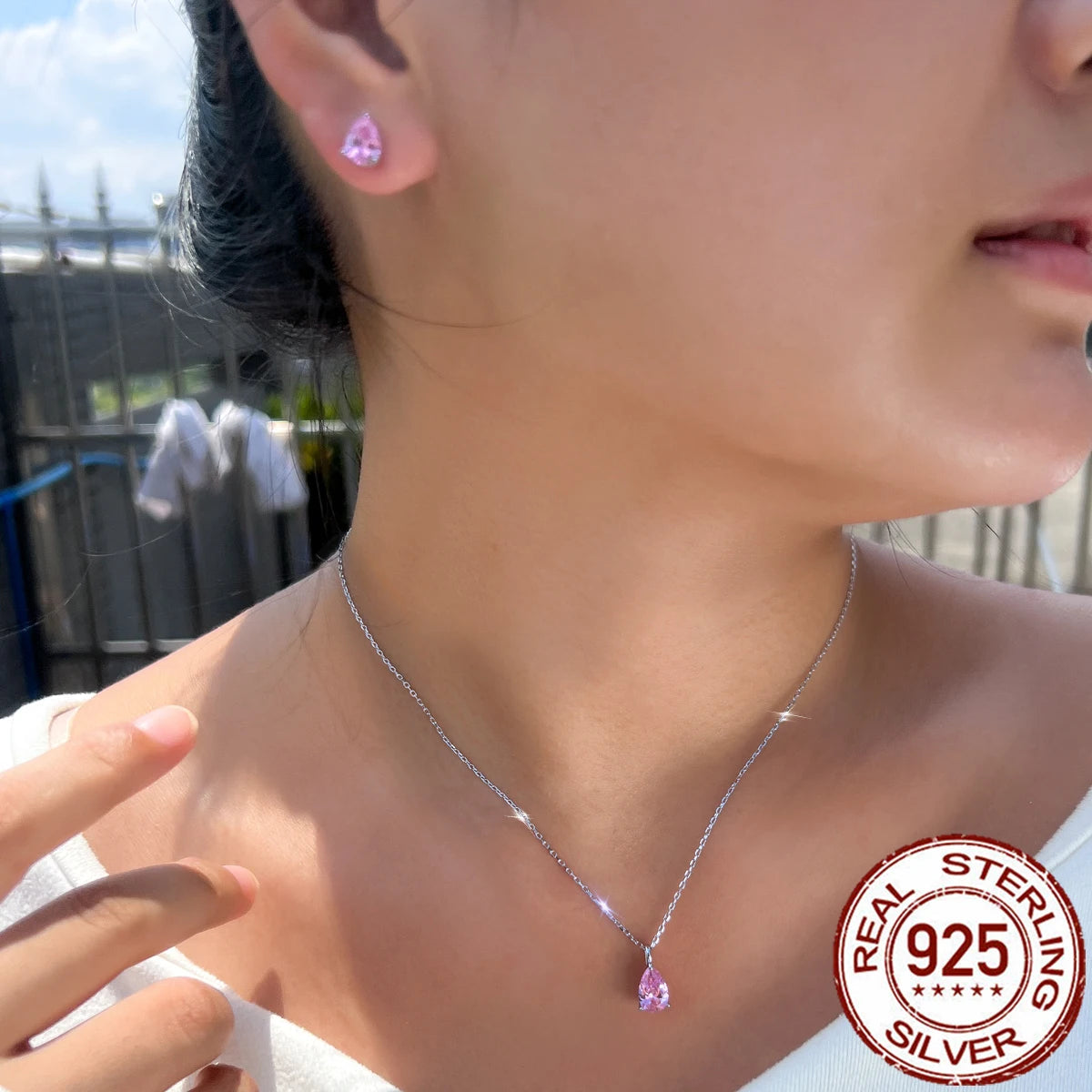 Beauty 925 Sterling Silver Jewelry Set Pink CZ Water Drop Pendant Necklace Stud Earrings Jewelry Set for Women Girls Party Wear
