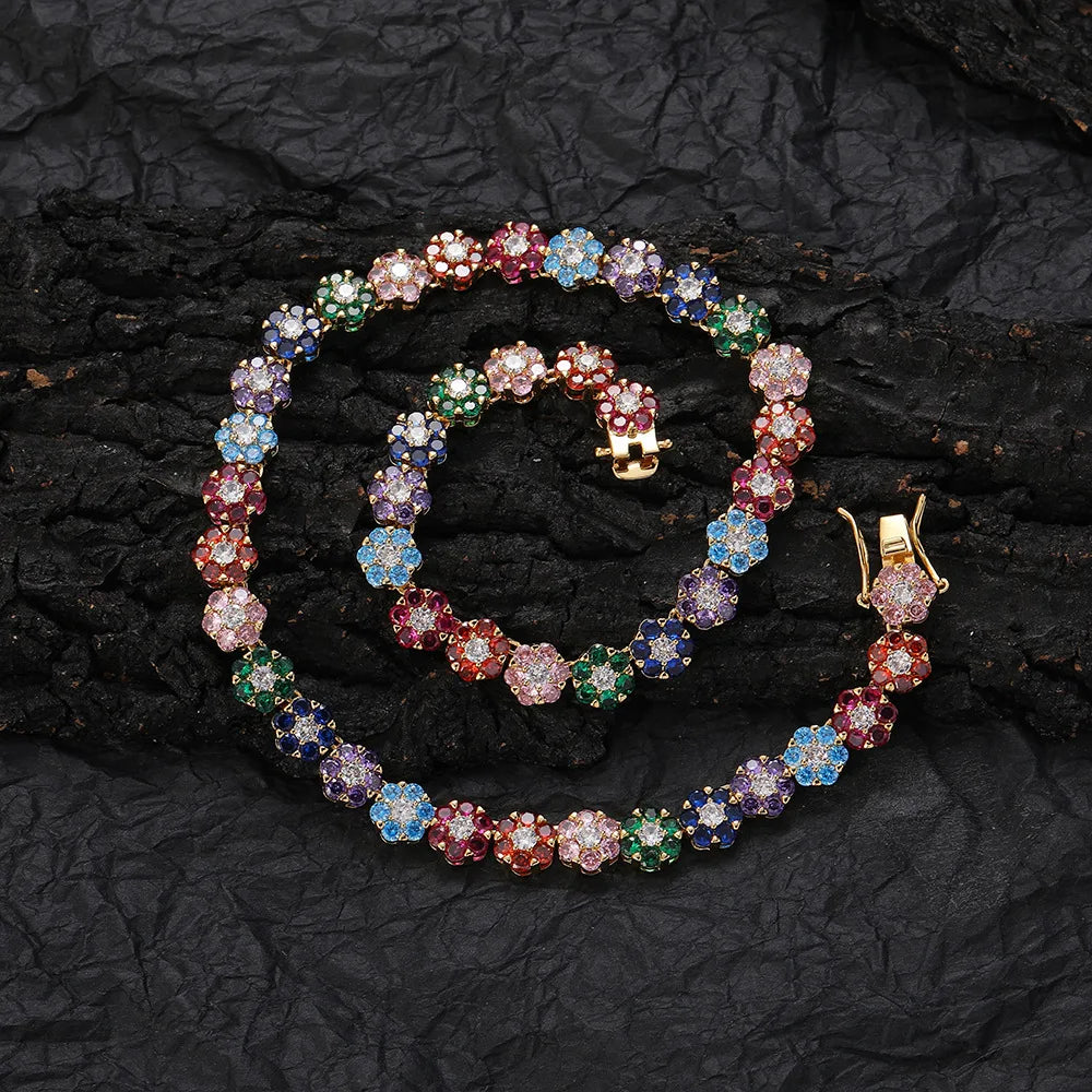 Fashion Colorful Flower Charm Zircon Rainbow Tennis Necklace  for Women Luxury Bling Jewelry Gemstone Necklace