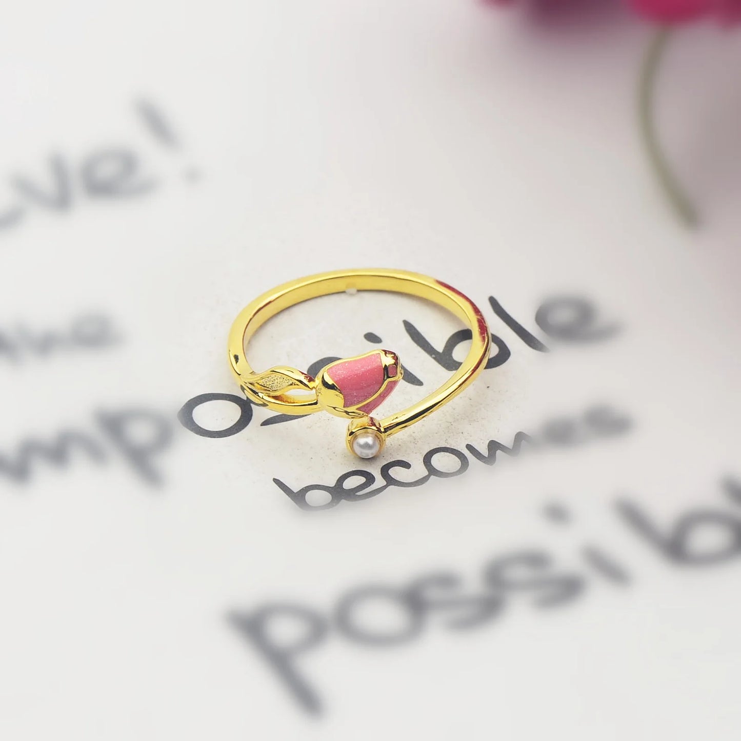Hawaiian Tulip Coral Brass Modern Bohemian Design Women's Party Ring
