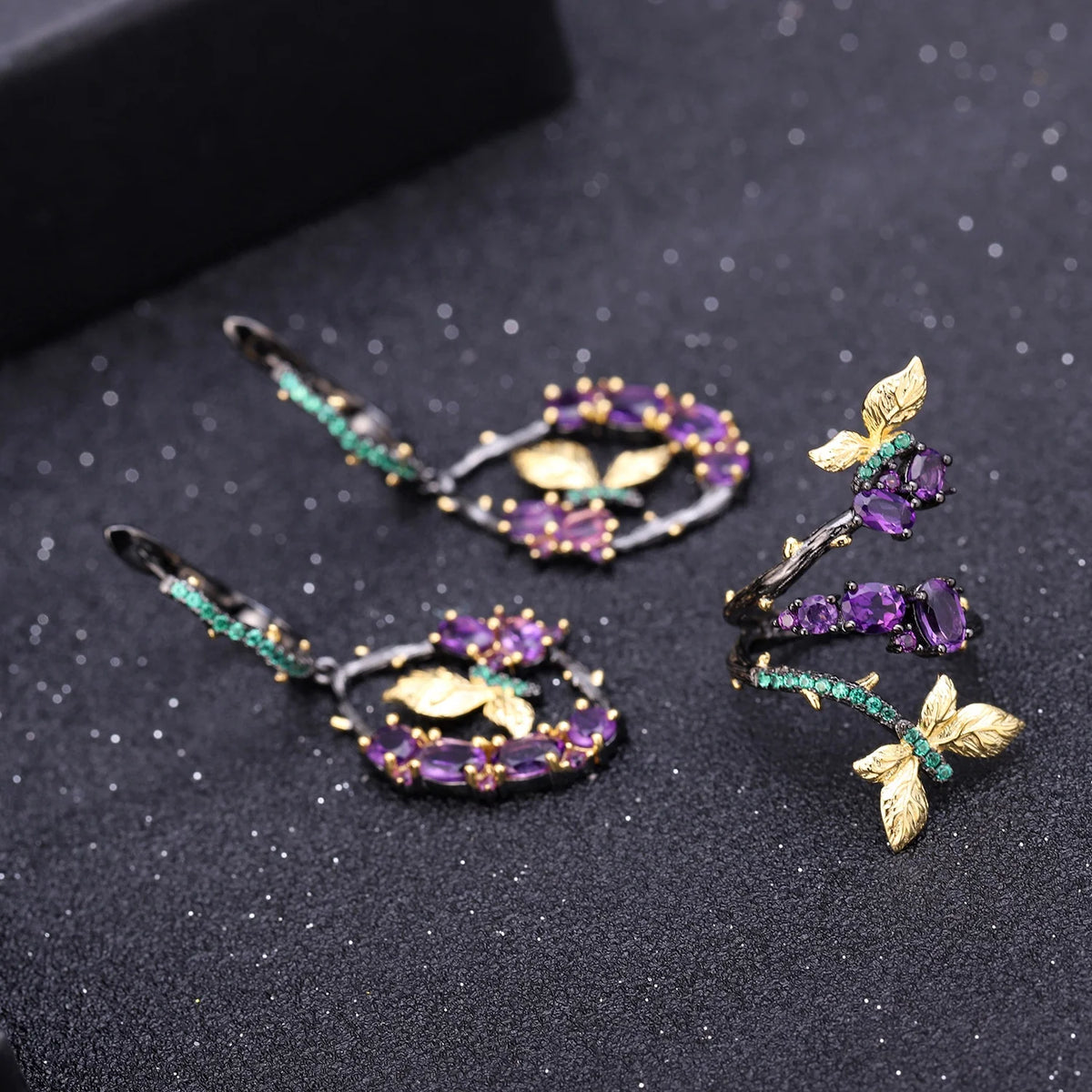 ArtistA C7749 Handmade 925 Sterling Silver Jewelrt Set Purple Amethyst Gemstone Butterfly Dangle Earrings Adjustable Ring