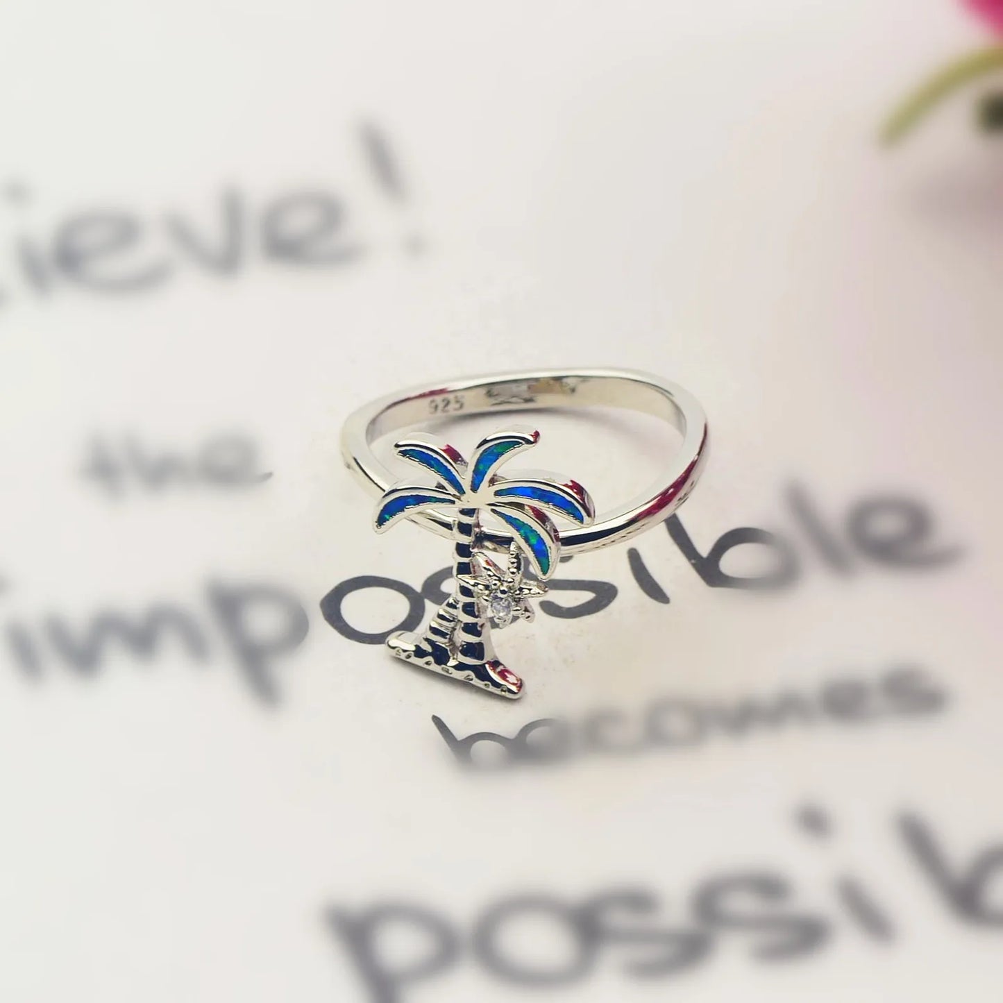 Coconut Trees  Ring | Iridescent Gem Inlay Band | Modern Silver/Gold Plated Women's Trendy Fashion Jewelry