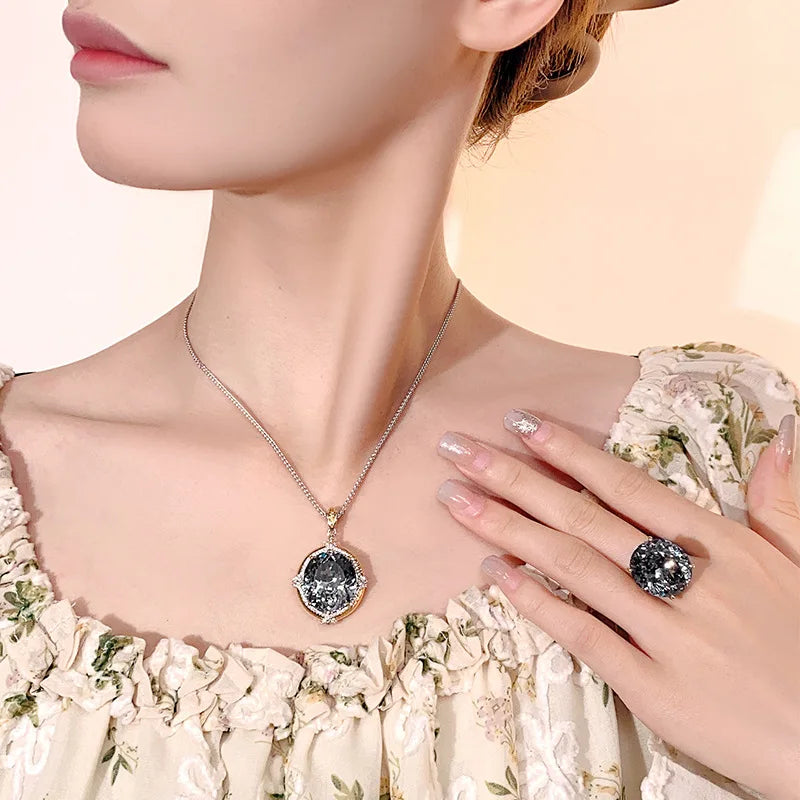 REDheart Fashion Trendy Black Gray Oval Brass Zircon Plating Flower Design Women's Pendant Set 18K Gold Plated Two-Color Opening Ring