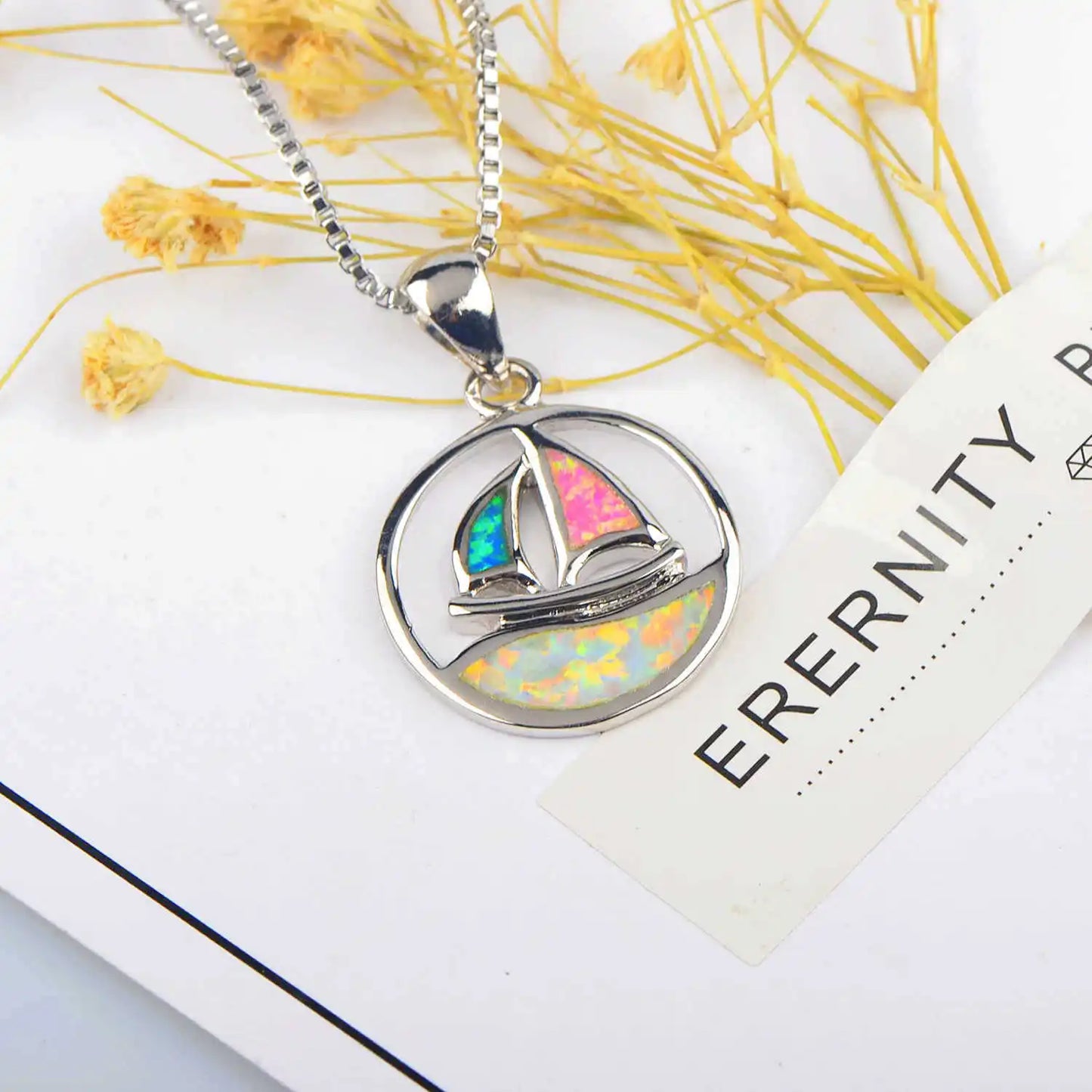 Aobao New Style Blue Opal Sailboat Necklace, Small Boat Pendant Sweater Chain, Opal Necklace