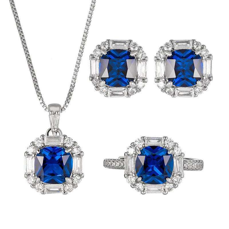 Gemfiori Light Luxury square Sea Blue Zircon Color Treasure Set Pendant Earring Ring Fashionable Temperament Set