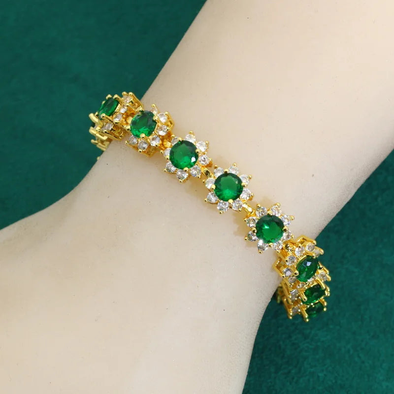 XOTICA Exquisite Green Zircon Gold Color Jewelry Set for Women Banquet Bracelet Earrings Necklace Pendant Ring for Wedding or Party