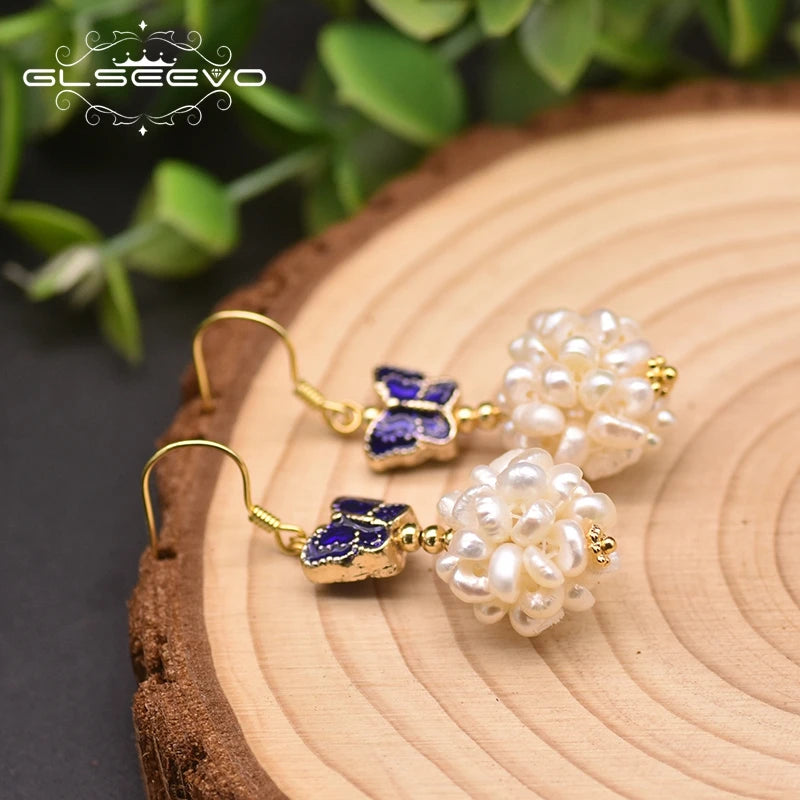 Natural Fresh Water Pearl Cloisonne Butterfly Romantic Drop Earrings Designer Spherical Charm Earrings for Women