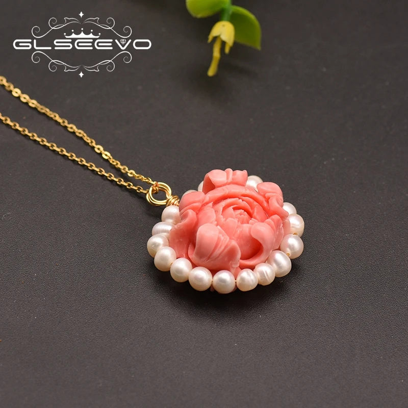 Coral Natural Freshwater Pearl Necklace 18k Brass Gold Plated Flower Elegant Luxury Necklace Jewelry Lover Engagement Gift