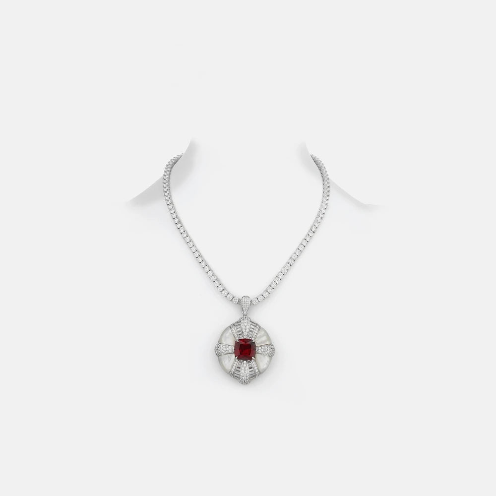 MUSHAN Jewelry Factory White Mother of Pearl Ruby Color S925 Sterling Silver Necklace Electroplated White Gold High End Necklace