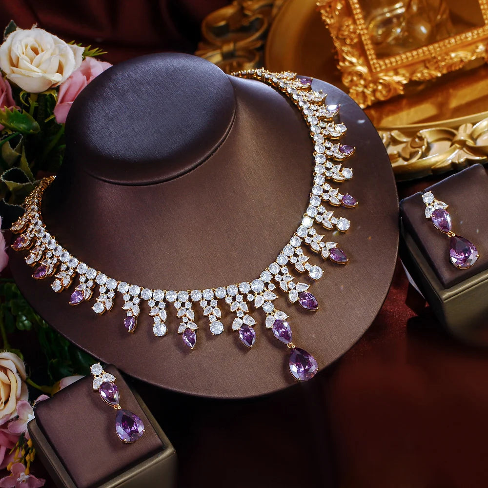 Luxury Gold Plated Purple Cubic Zirconia Big Chunky Water Drop Wedding Necklace Pageant Bridal Jewelry Sets