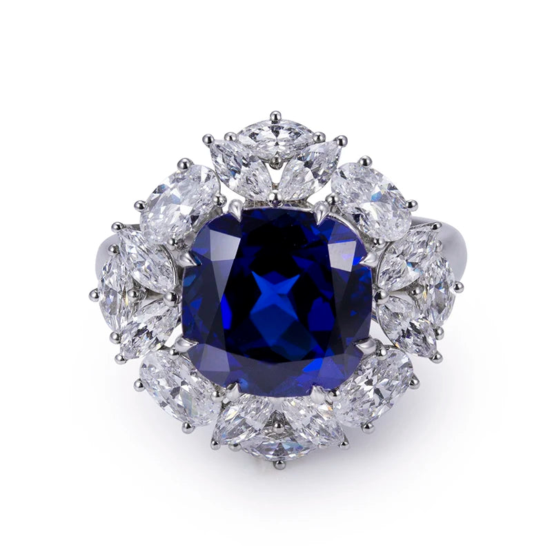 Messi Jewelry MSR-951 S925 Lab Sapphire Cushion Cut Ring Flower Design Engagement Ring  Wedding Band Classic  Gift Band