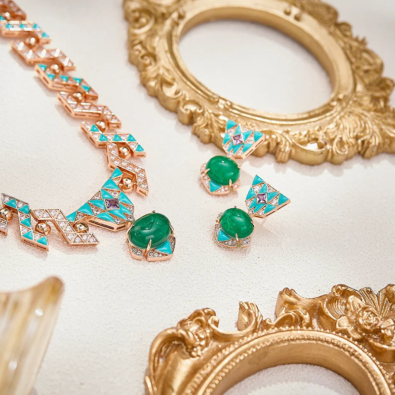 Bohemian Style Enamel Green Zirconium Necklace Earrings Two-piece Set Rose Gold Gold-plated High-quality Wedding Jewelry