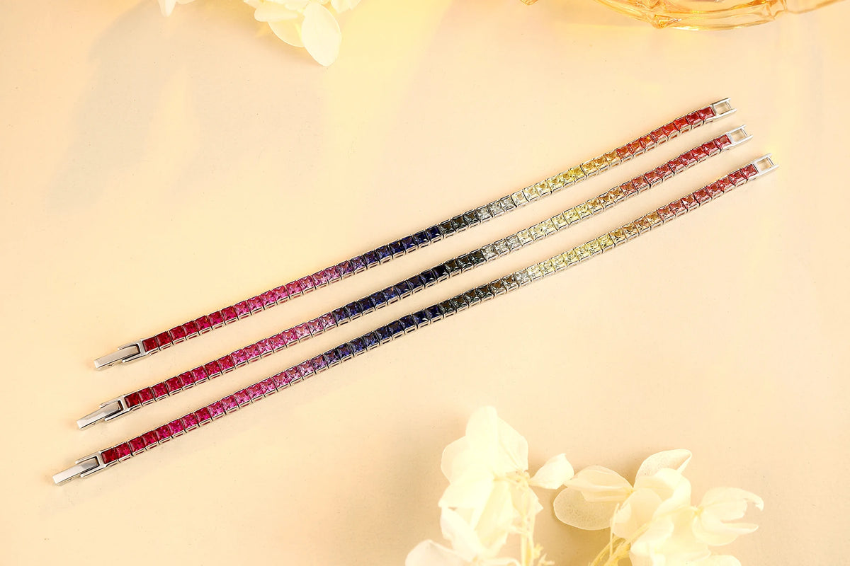 Gemfiori Jewelry High Quality Lab Created Stones 925 Sterling Silver Princess Cut Rainbow 3*3 Sapphire Tennis Bracelet for Gift
